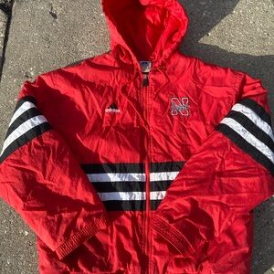 Adidas Red and Black Windbreaker with Hood and Stripes